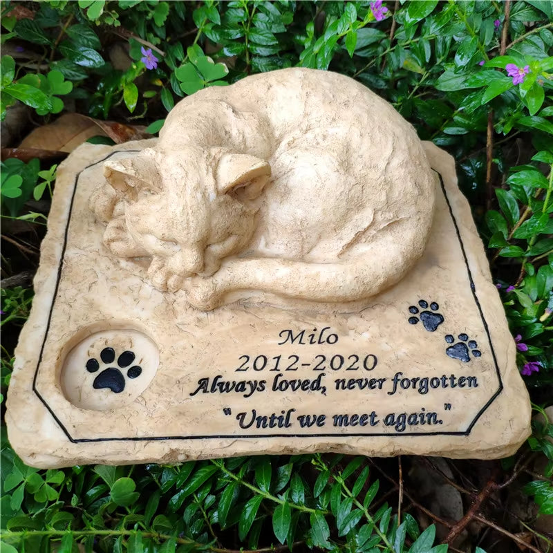 Personalizable Cat Memorial Stones with a 3-D Sleeping Cat on the Top Paw Print Memorial Stone Pet Grave Markers Garden Stones