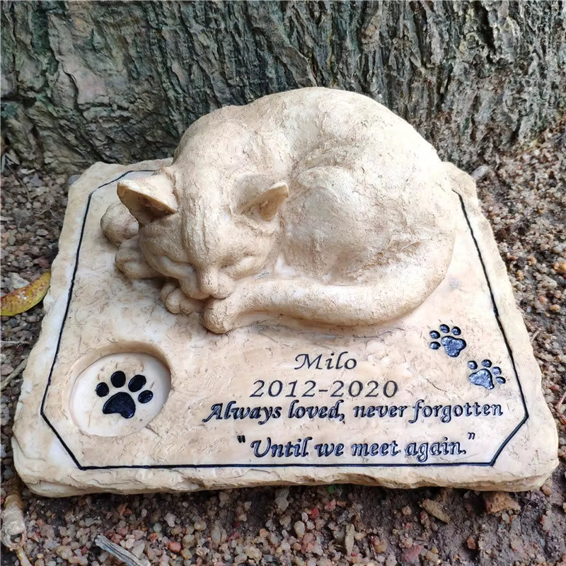 Personalizable Cat Memorial Stones with a 3-D Sleeping Cat on the Top Paw Print Memorial Stone Pet Grave Markers Garden Stones