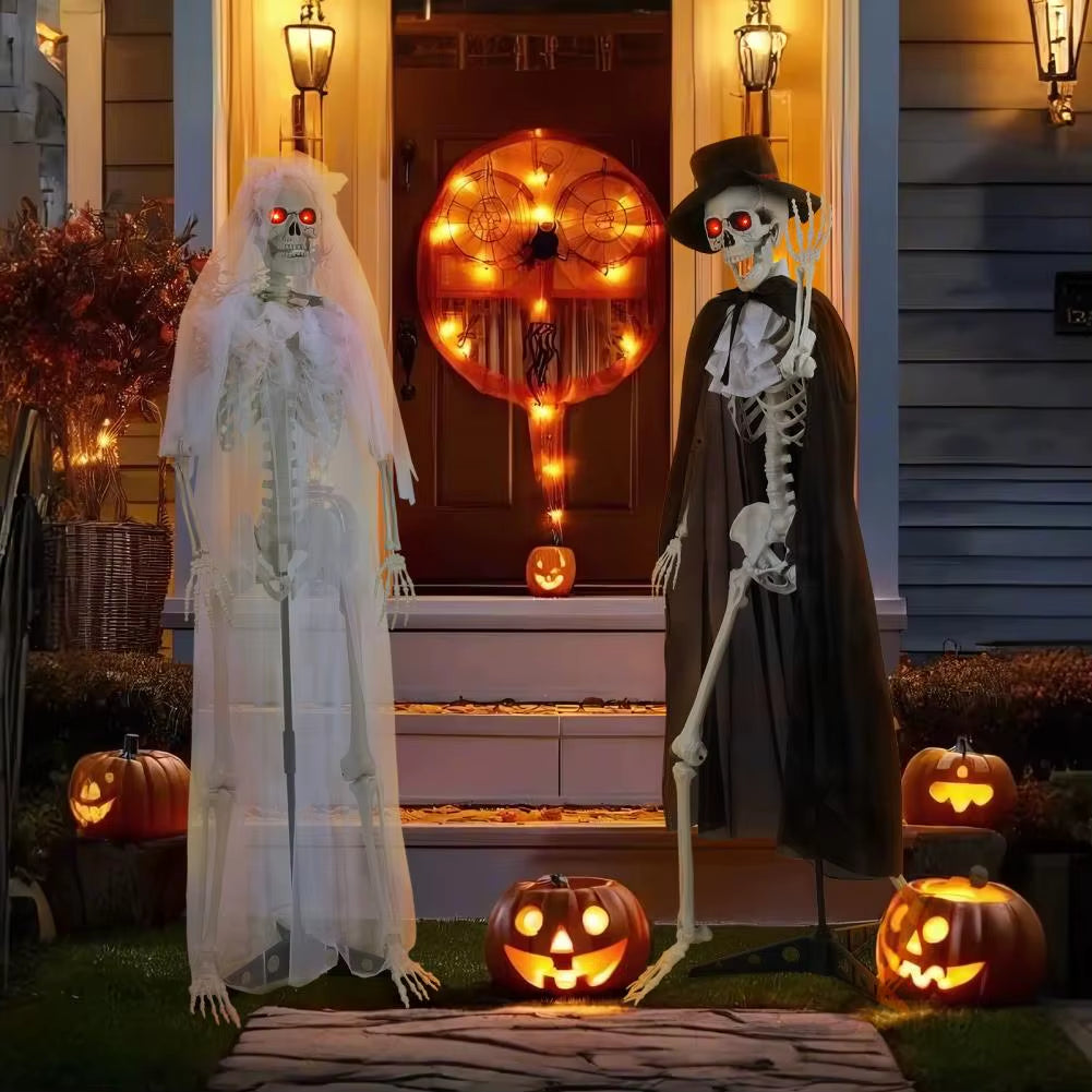 1 Pair 5.42Ft Halloween Bride and Groom Skeletons,Life Size Full Body Bones Posable Simulated Skeleton with Sound, Eyes Can Glow
