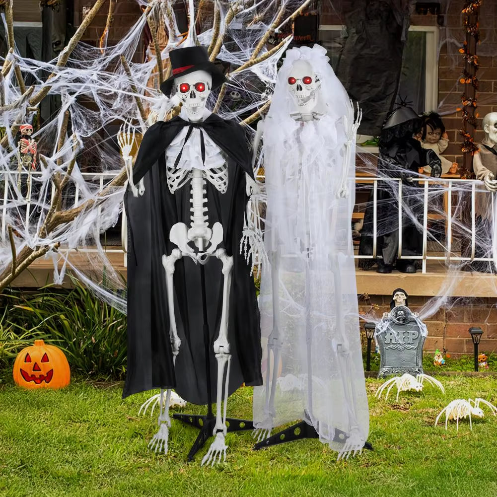 1 Pair 5.42Ft Halloween Bride and Groom Skeletons,Life Size Full Body Bones Posable Simulated Skeleton with Sound, Eyes Can Glow