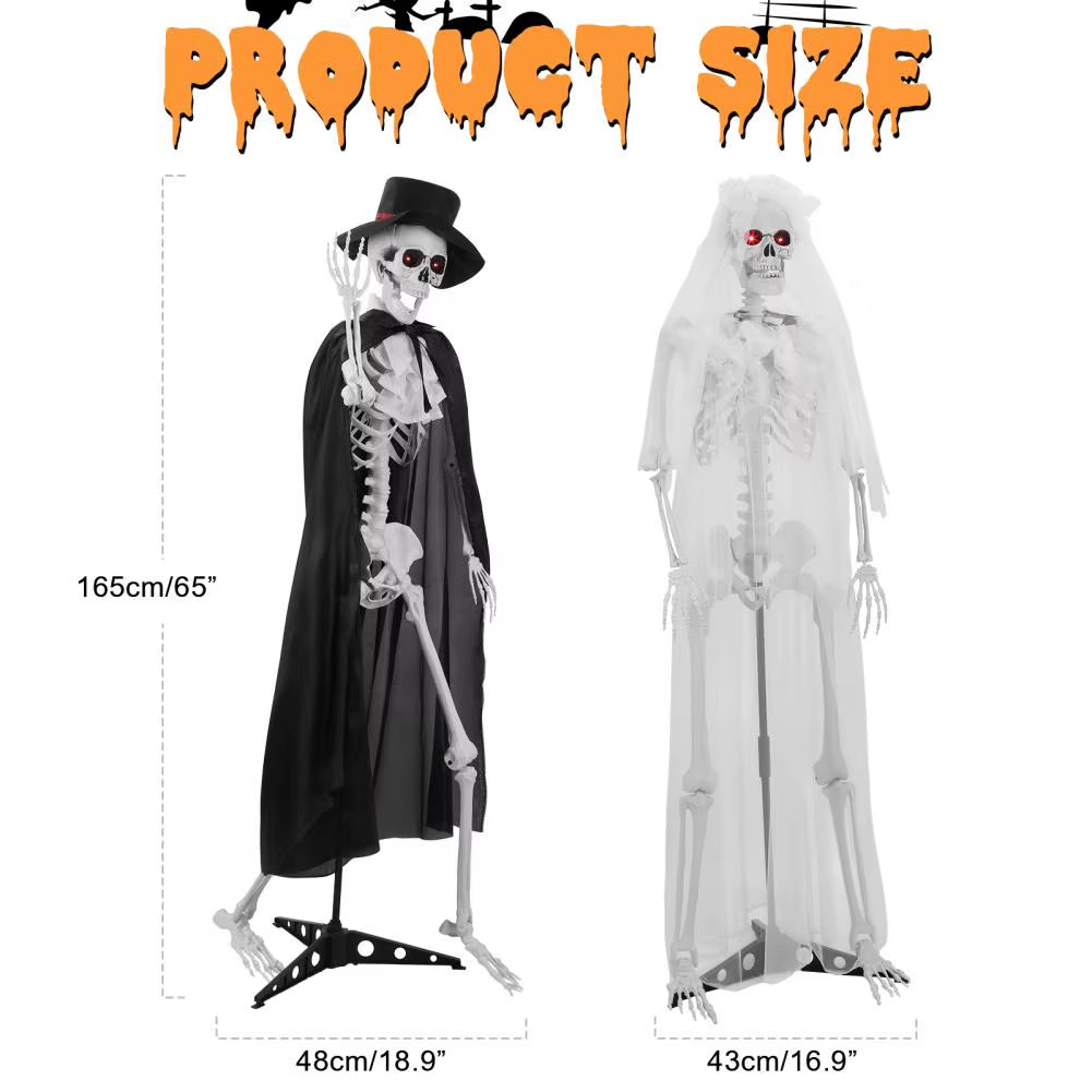 1 Pair 5.42Ft Halloween Bride and Groom Skeletons,Life Size Full Body Bones Posable Simulated Skeleton with Sound, Eyes Can Glow
