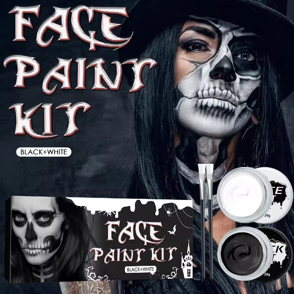 2PCS Halloween Face Painting Kit Highly Pigmented Face Body Brus Paint Black and White for DIY Cosplay Theme Parties Body Makeup