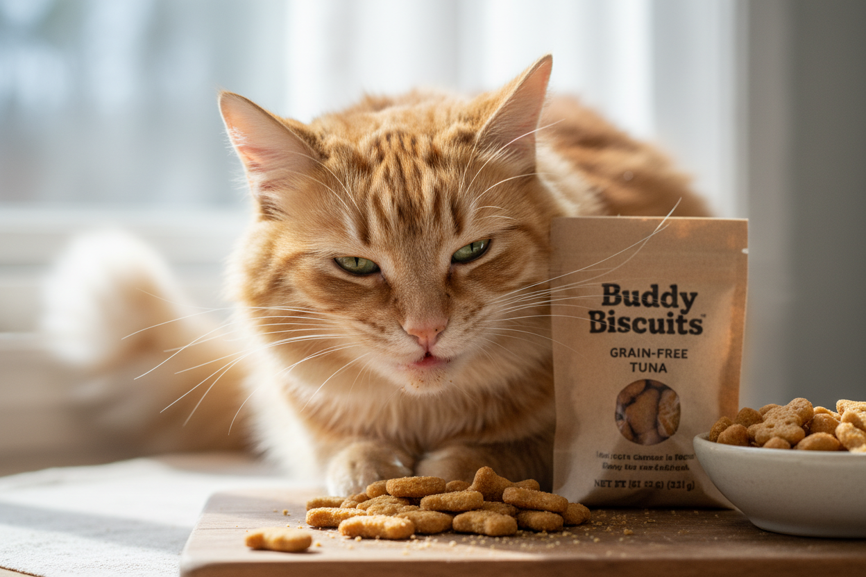 Cat enjoying grain-free Buddy Biscuits tuna treats