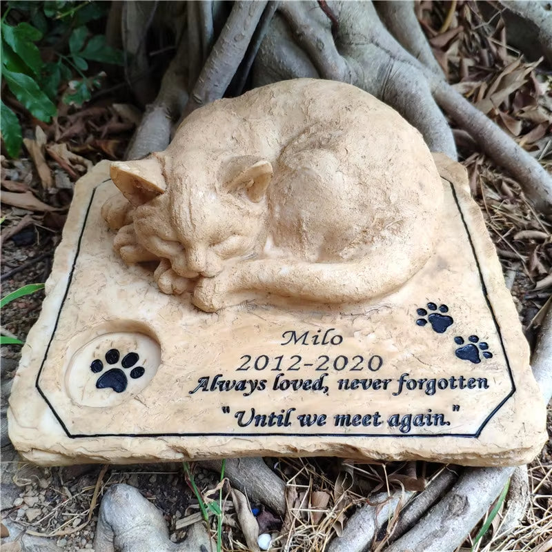 Personalizable Cat Memorial Stones with a 3-D Sleeping Cat on the Top Paw Print Memorial Stone Pet Grave Markers Garden Stones