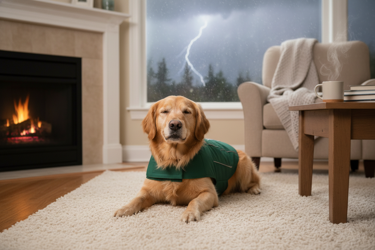 Dog wearing army green anxiety vest