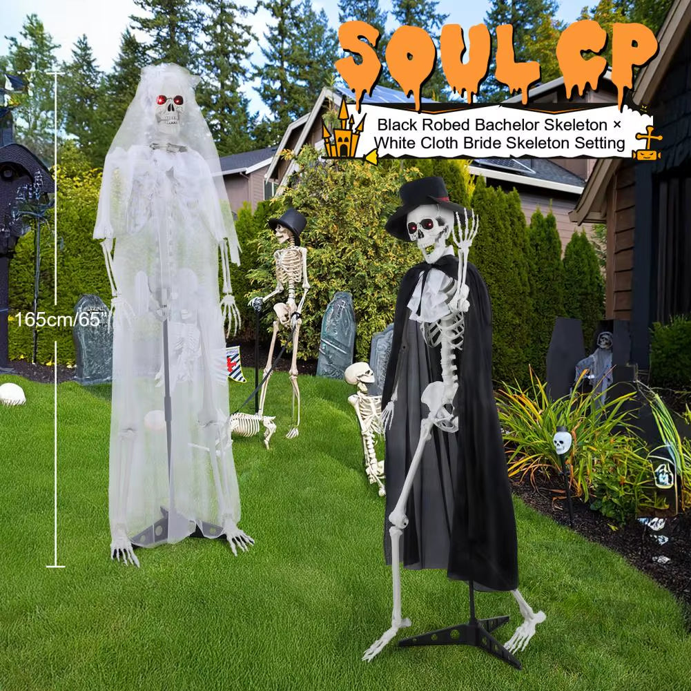 1 Pair 5.42Ft Halloween Bride and Groom Skeletons,Life Size Full Body Bones Posable Simulated Skeleton with Sound, Eyes Can Glow