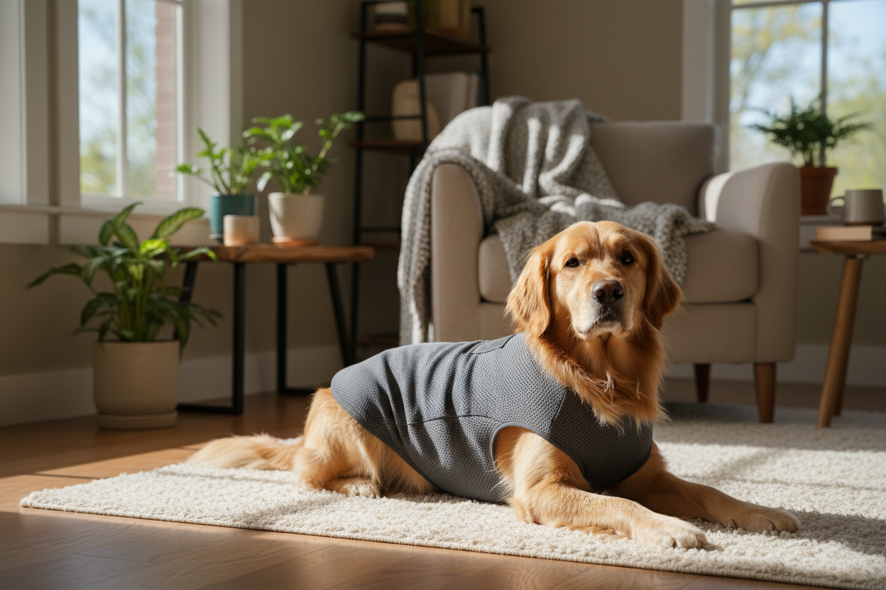 Dog wearing calming wrap jacket